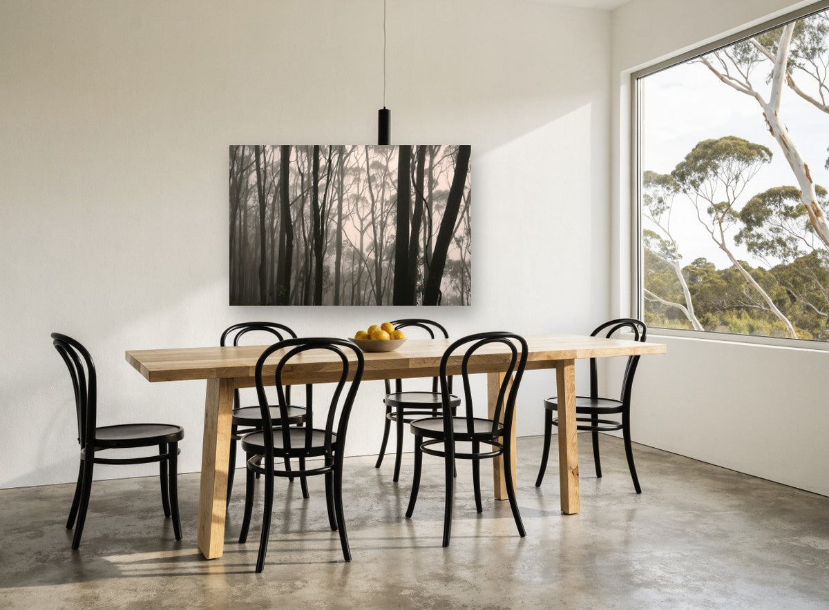 Gum Trunks in Fog landscape canvas print on the wall of a dining room