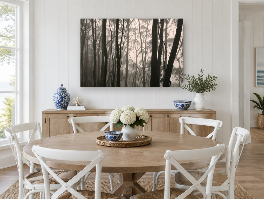 Gum Trunks in Fog landscape canvas print on the wall of a Hamptons dining room