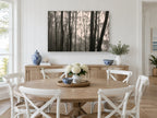Gum Trunks in Fog landscape canvas print on the wall of a Hamptons dining room