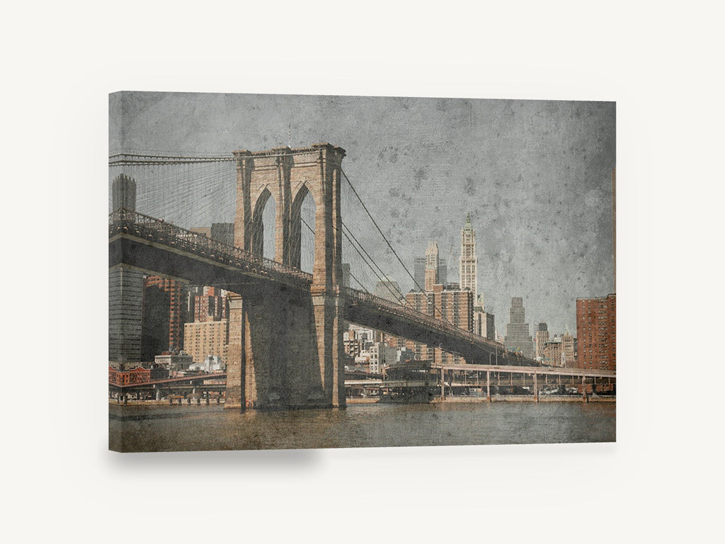 Weathered Brooklyn Tower, brooklyn bridge vintage textured photograph, city canvas wall art print ready to hang