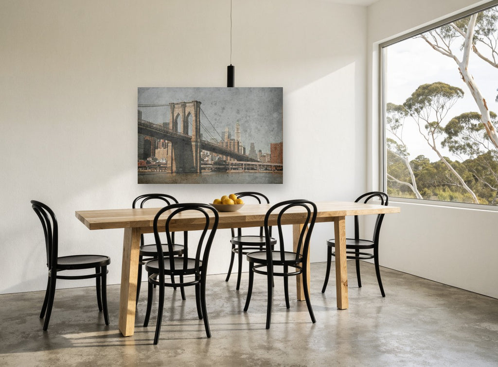 Weathered Brooklyn Tower city canvas print on the wall of a dining room