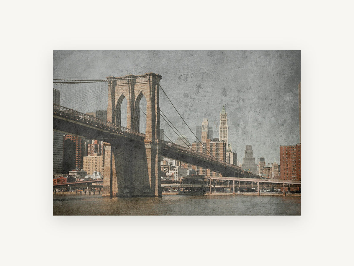 Weathered Brooklyn Tower, brooklyn bridge vintage textured photograph, city canvas wall art print, front view