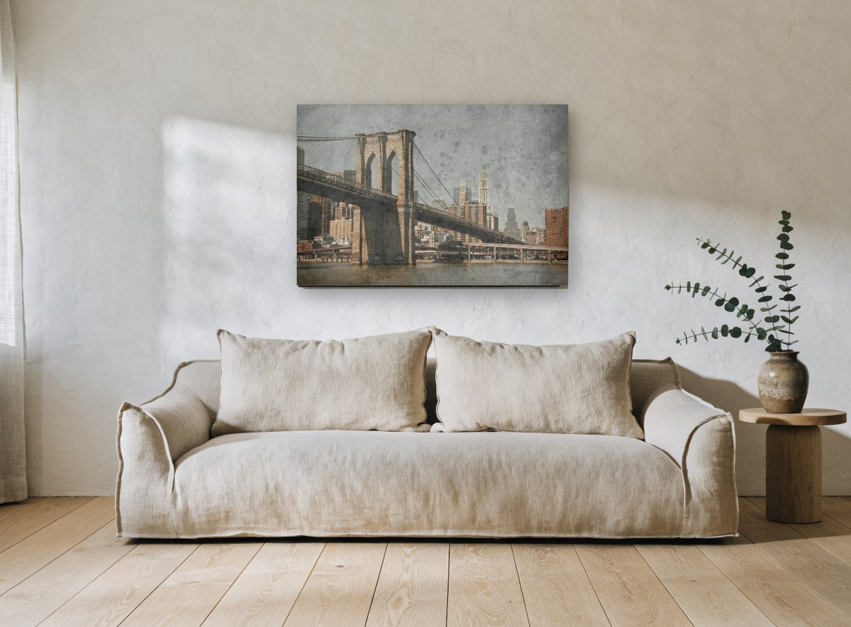 Weathered Brooklyn Tower city canvas print on the wall of a living room