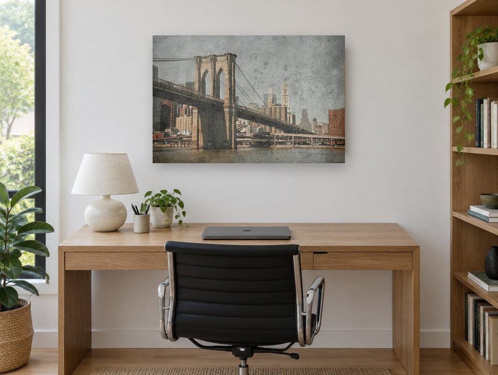 Weathered Brooklyn Tower city canvas print on the wall of a study