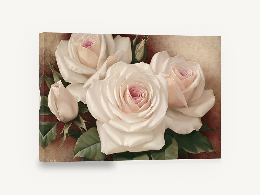 Blush Cream Rose Trio, cream pink roses floral painting, floral canvas wall art print ready to hang