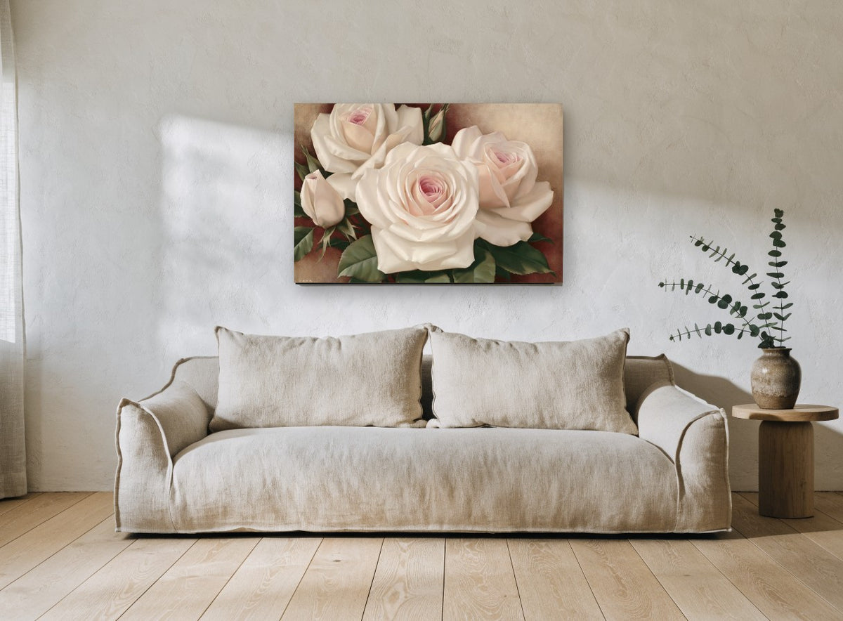 Blush Cream Rose Trio floral canvas print on the wall of a living room