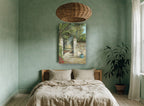 Sunlit Garden Gate floral canvas print on the wall of a bedroom