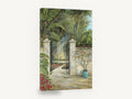 Sunlit Garden Gate, tropical garden gate palm painting, floral canvas wall art print ready to hang