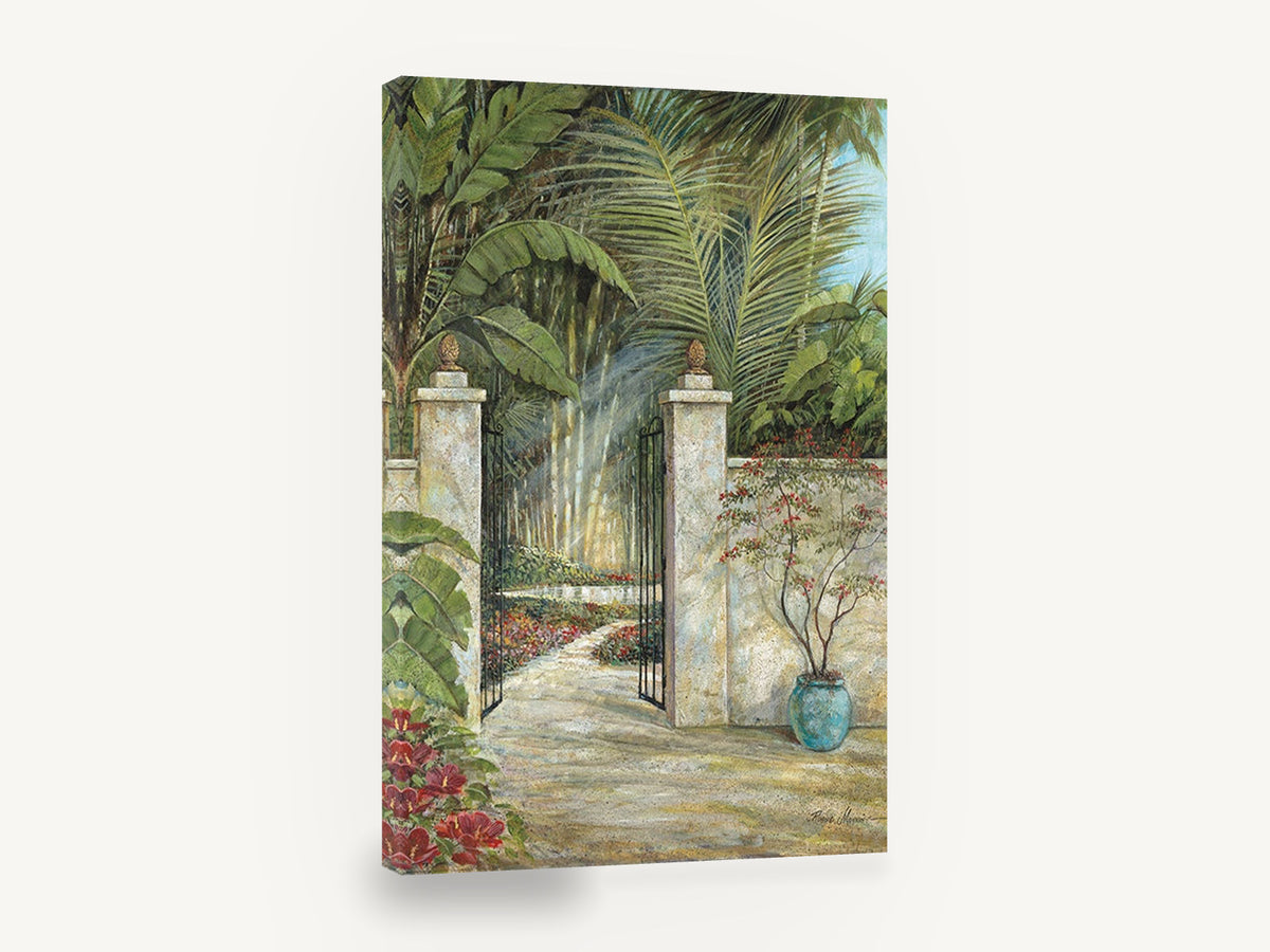 Sunlit Garden Gate, tropical garden gate palm painting, floral canvas wall art print ready to hang