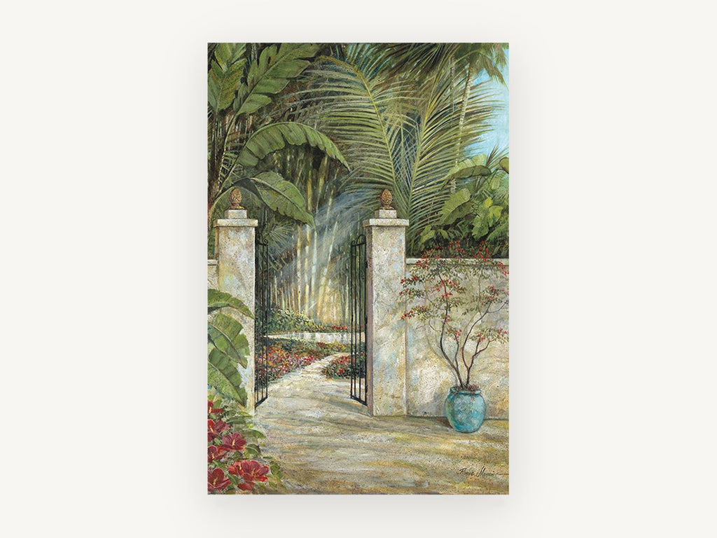 Sunlit Garden Gate, floral canvas wall art print, front view