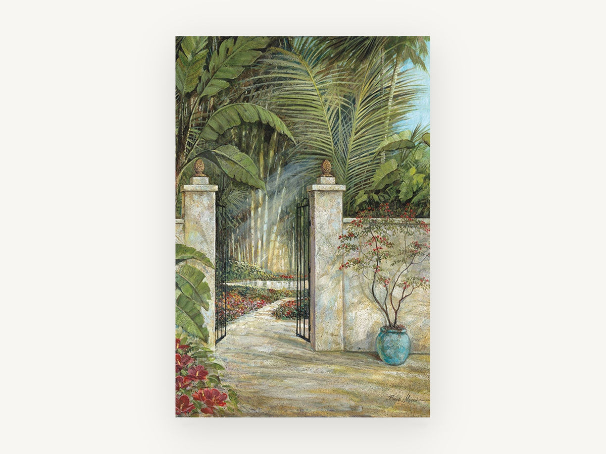 Sunlit Garden Gate, floral canvas wall art print, front view