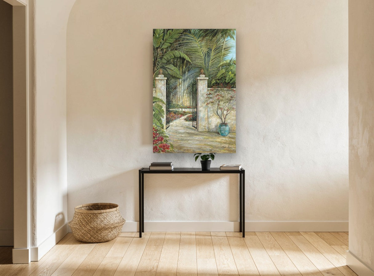 Sunlit Garden Gate floral canvas print on the wall of a hallway