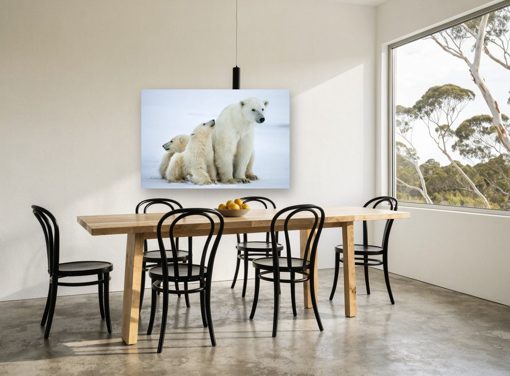 Arctic Family Huddle animal canvas print on the wall of a dining room