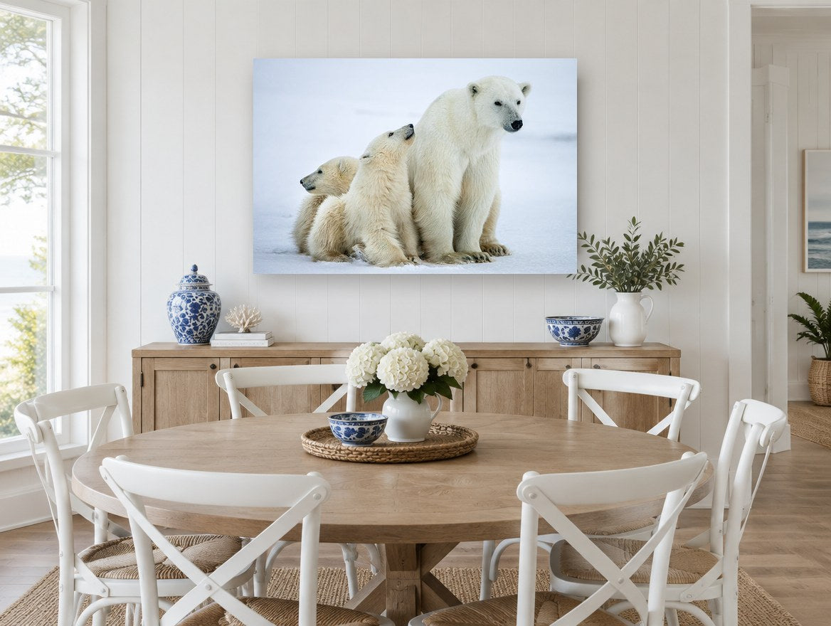 Arctic Family Huddle animal canvas print on the wall of a Hamptons dining room
