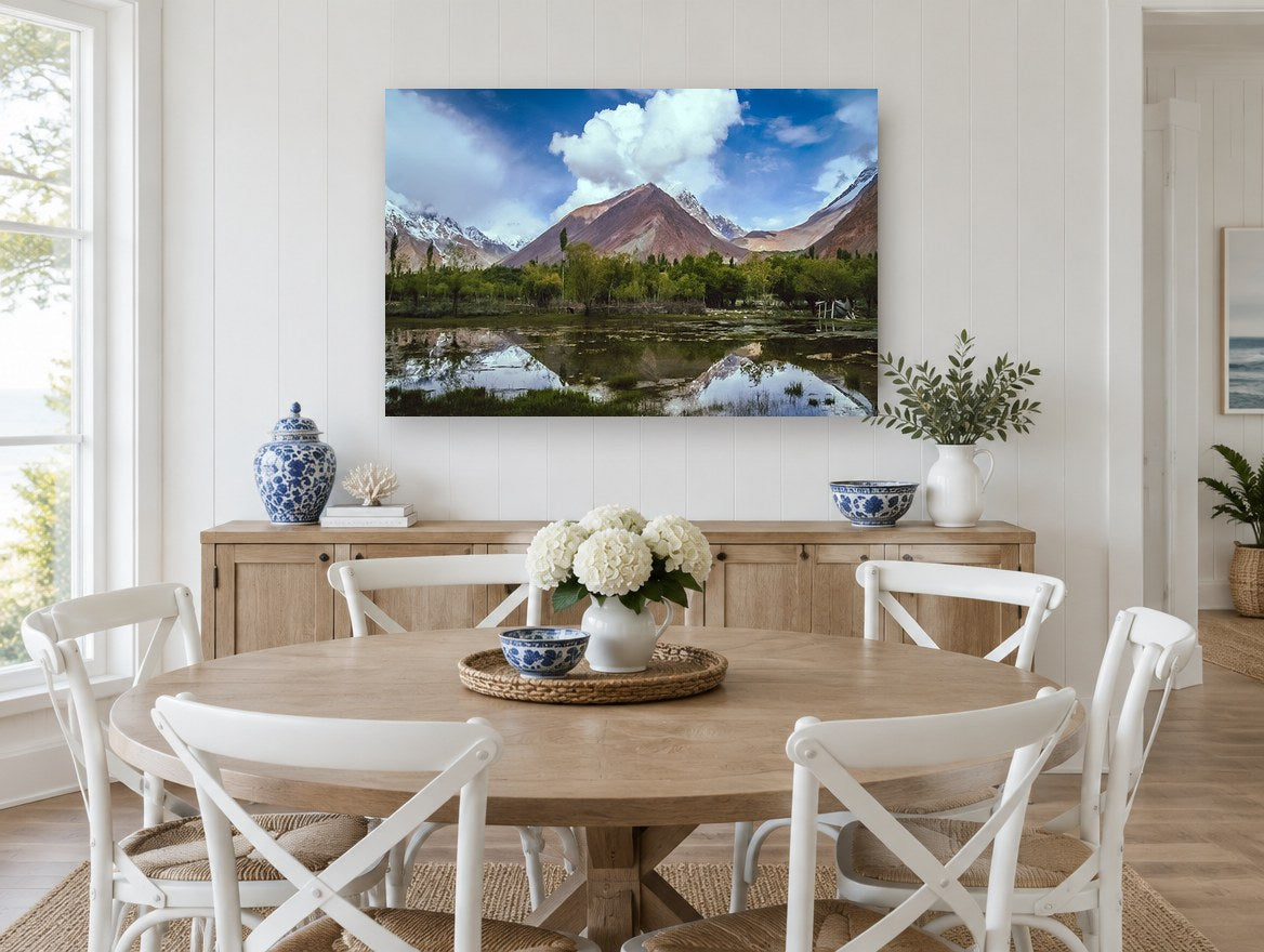 Reflected Ridge Valley landscape canvas print on the wall of a Hamptons dining room
