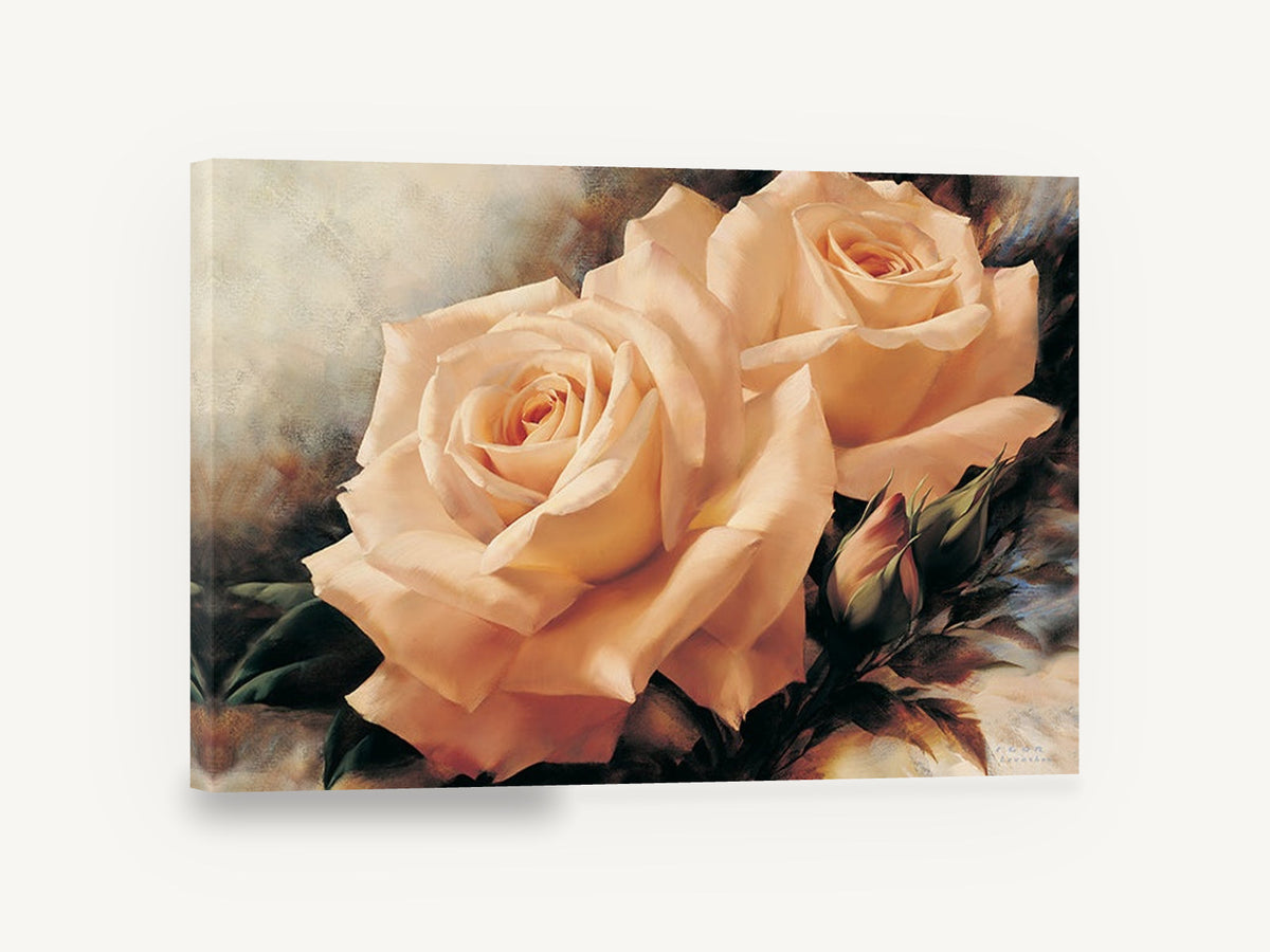 Peach Rose Pair, peach cream roses floral painting, floral canvas wall art print ready to hang
