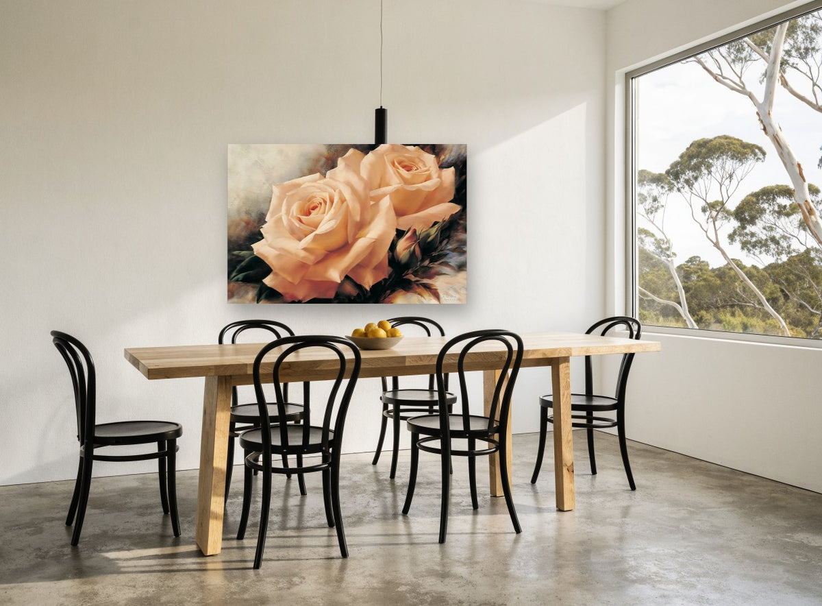 Peach Rose Pair floral canvas print on the wall of a dining room