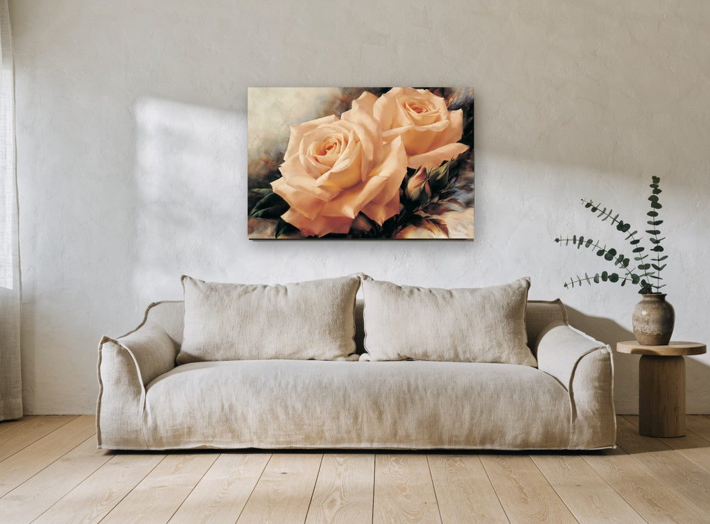 Peach Rose Pair floral canvas print on the wall of a living room