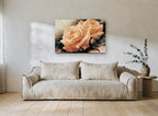 Peach Rose Pair floral canvas print on the wall of a living room