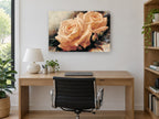 Peach Rose Pair floral canvas print on the wall of a study