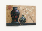 Lacquer Vases and Blossom, asian vases white blossom branch still life, floral canvas wall art print ready to hang
