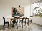 Lacquer Vases and Blossom floral canvas print on the wall of a dining room