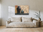 Lacquer Vases and Blossom floral canvas print on the wall of a living room