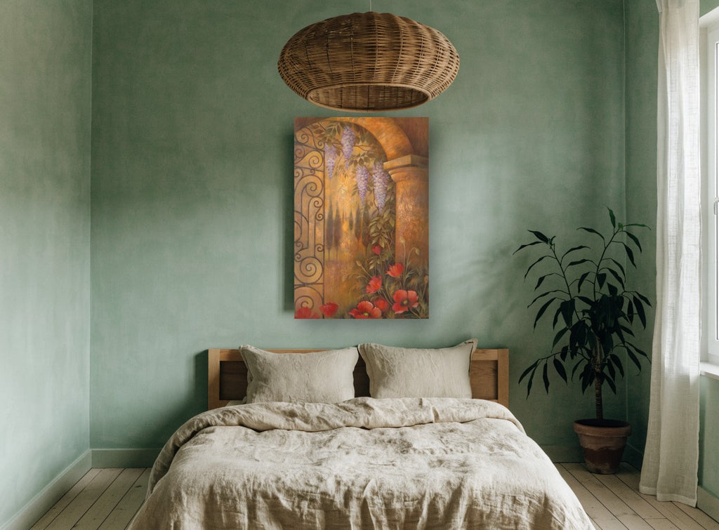 Wisteria Gate Archway floral canvas print on the wall of a bedroom