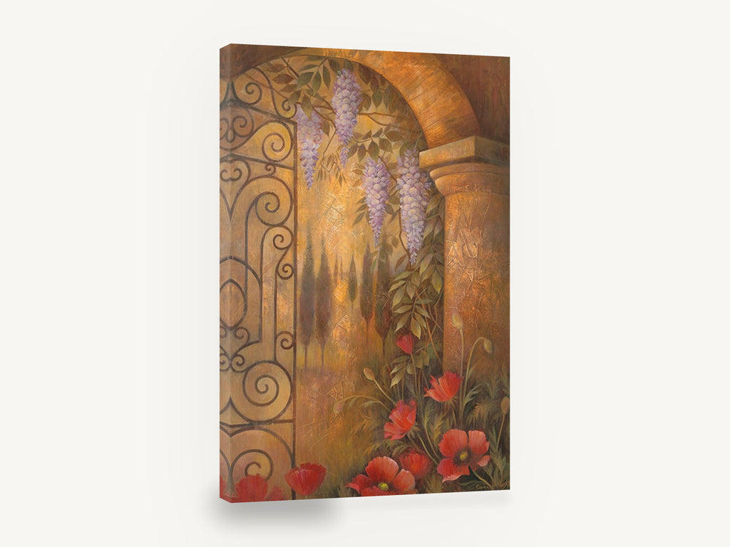 Wisteria Gate Archway, wisteria archway poppies garden, floral canvas wall art print ready to hang