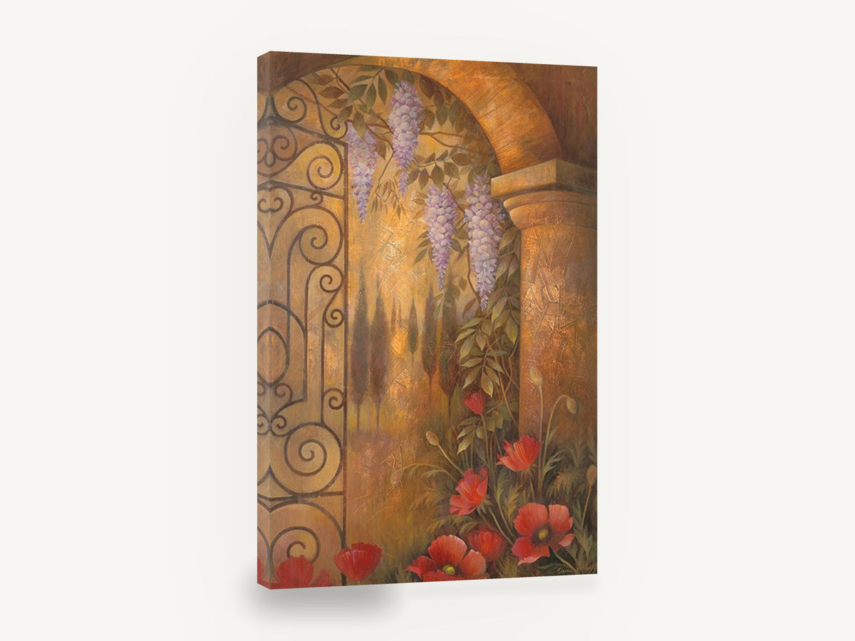 Wisteria Gate Archway, wisteria archway poppies garden, floral canvas wall art print ready to hang