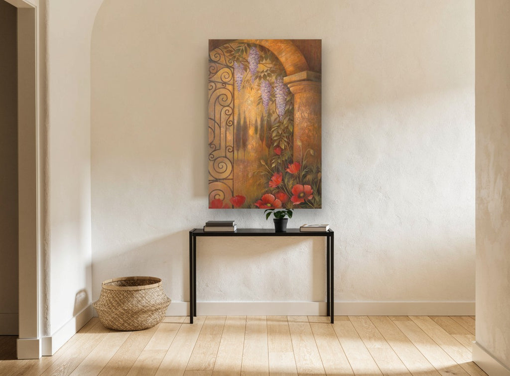 Wisteria Gate Archway floral canvas print on the wall of a hallway