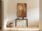 Wisteria Gate Archway floral canvas print on the wall of a hallway
