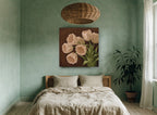 Cream Tulips on Chocolate floral canvas print on the wall of a bedroom