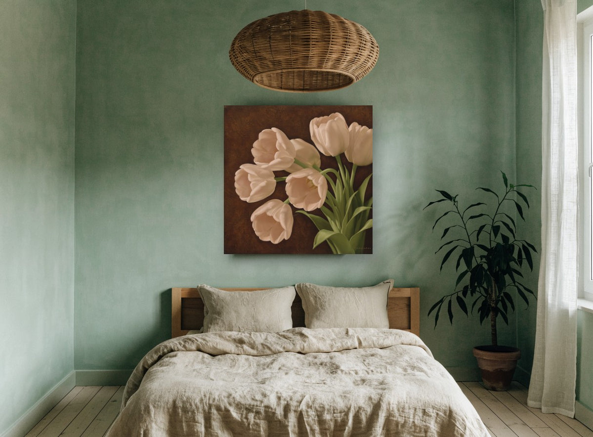 Cream Tulips on Chocolate floral canvas print on the wall of a bedroom