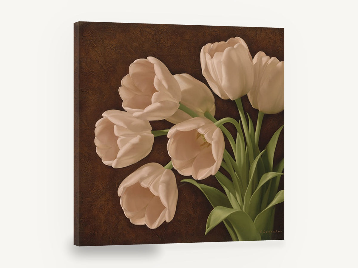Cream Tulips on Chocolate, cream tulip bouquet floral painting, floral canvas wall art print ready to hang