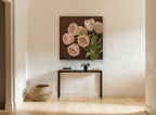 Cream Tulips on Chocolate floral canvas print on the wall of a hallway
