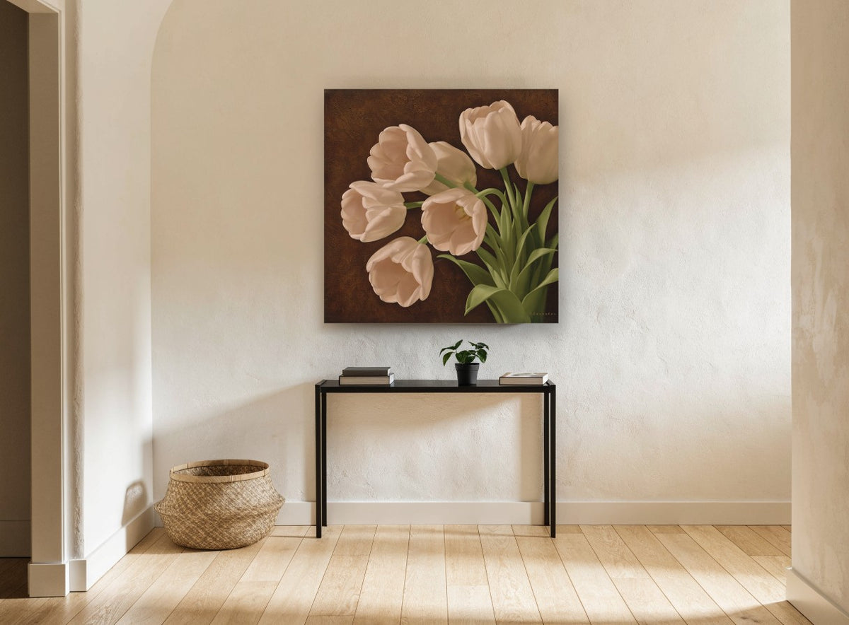Cream Tulips on Chocolate floral canvas print on the wall of a hallway
