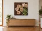 Cream Tulips on Chocolate floral canvas print on the wall of a living room above a sideboard