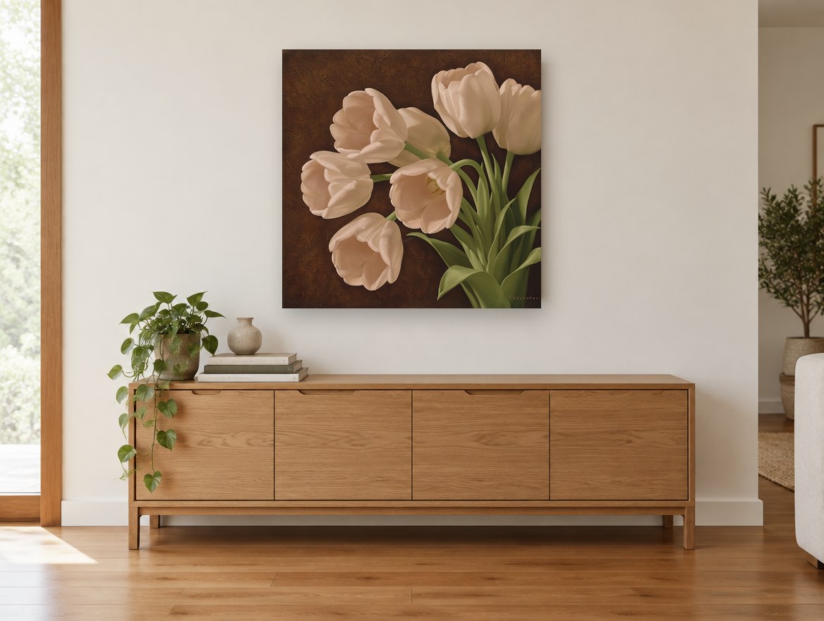 Cream Tulips on Chocolate floral canvas print on the wall of a living room above a sideboard