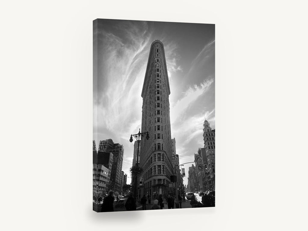 Flatiron Against Wisps, flatiron building black and white photograph, city canvas wall art print ready to hang