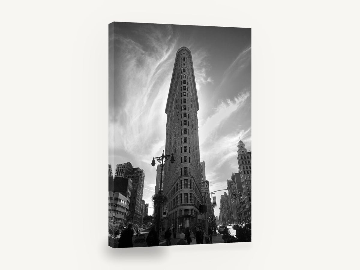 Flatiron Against Wisps, flatiron building black and white photograph, city canvas wall art print ready to hang