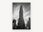 Flatiron Against Wisps, flatiron building black and white photograph, city canvas wall art print, front view