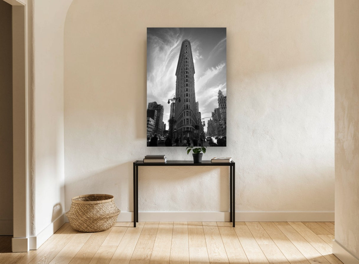 Flatiron Against Wisps city canvas print on the wall of a hallway