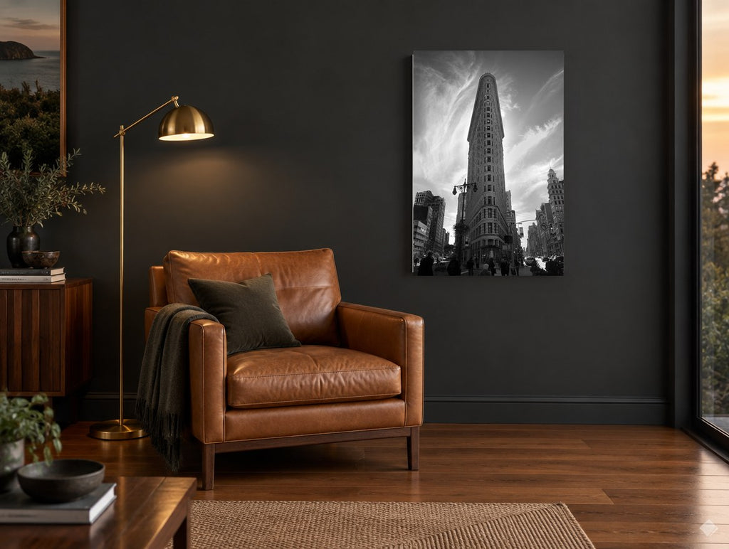 Flatiron Against Wisps city canvas print on the wall of a charcoal living room