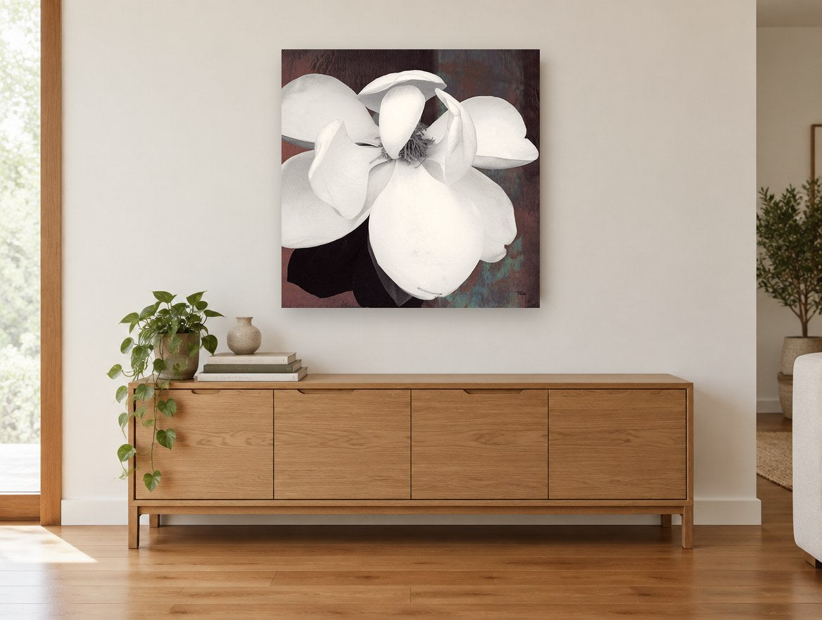 Open Cream Magnolia floral canvas print on the wall of a living room above a sideboard