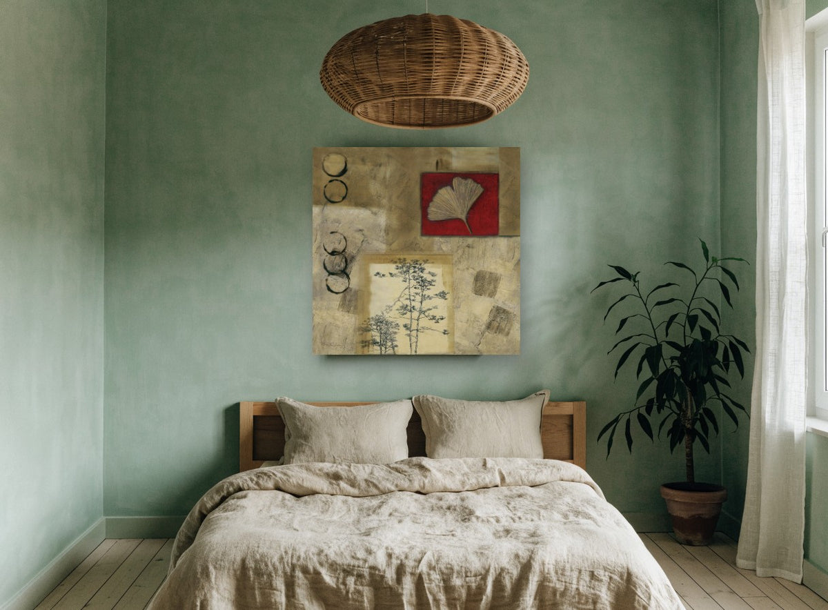 Ginkgo and Pine Collage floral canvas print on the wall of a bedroom