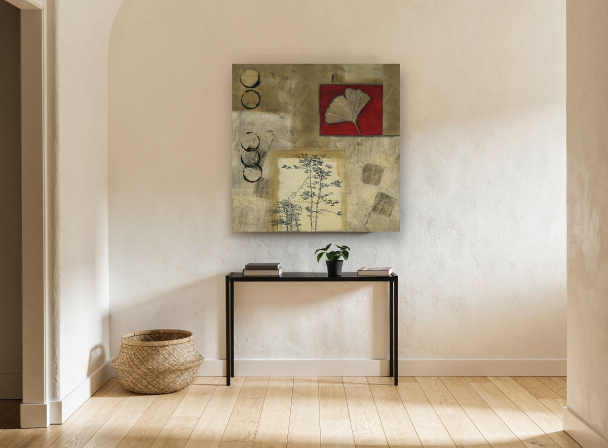 Ginkgo and Pine Collage floral canvas print on the wall of a hallway