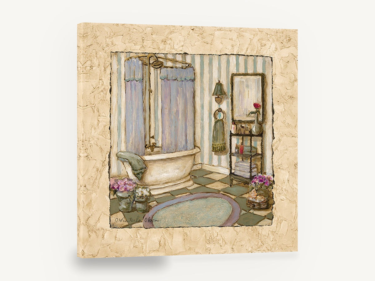 Lavender Bathroom Retreat, vintage bathroom clawfoot tub illustration, floral canvas wall art print ready to hang