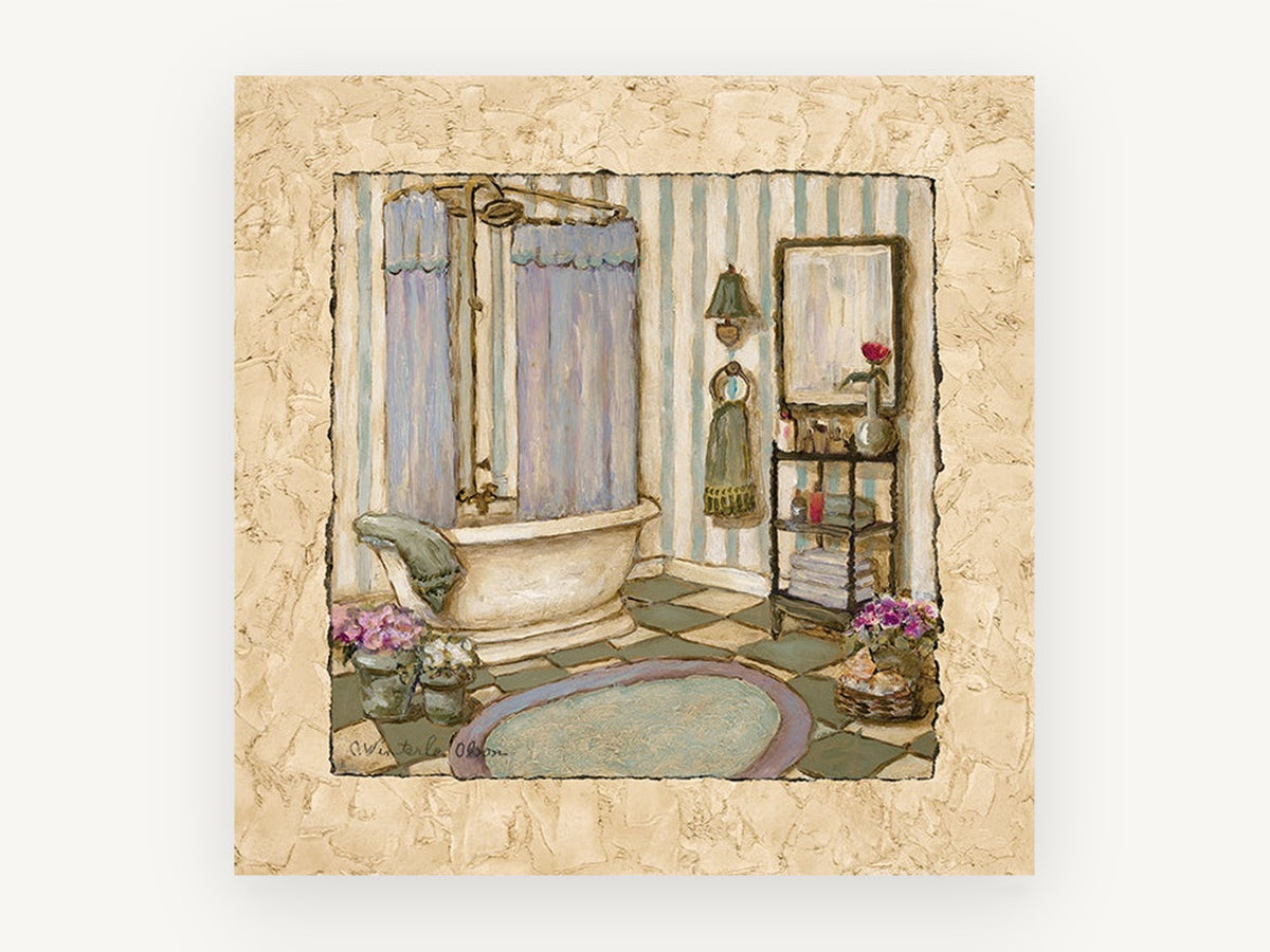 Lavender Bathroom Retreat, floral canvas wall art print, front view