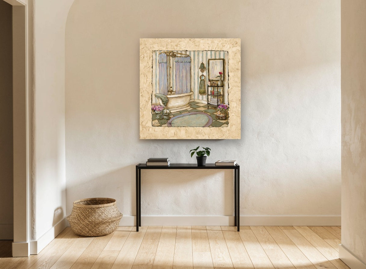 Lavender Bathroom Retreat floral canvas print on the wall of a hallway